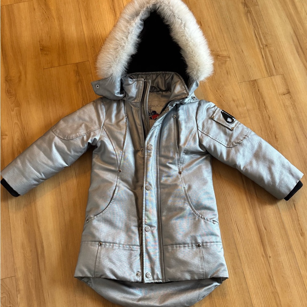 Moose Knuckles Metallic Kids Puffer Jacket with Faux Fur Trim